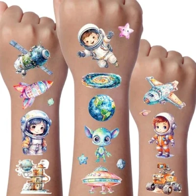 Image of Space Glitter Tattoo for Kid, 12 Sheets Temporary Tattoos Kids, Gifts Boys Girls, Party Bags Fillers Gifts, Entertainment Games Children