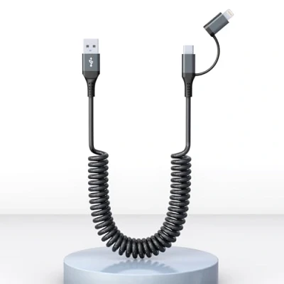 Image of USB C and Lightning Cable 2 in 1 Combo Apple Carplay &amp; Android Auto,3A Fast Charging Data Sync[MFi Certified] Short Coiled iPhone Car Charger Cord Compatible with 16/15/14/13/12/Android