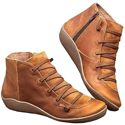 Image of Kinloy Women&#039;s Arch Support Boots Ladies Casual Anti Slip Waterproof Ankle Shoes Flat On Comfy Side Zipper Booties Brown Size 4.5 UK