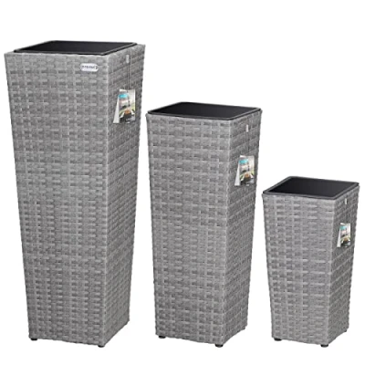 Image of CASARIA® 3x Rattan Plant Pots Grey Flower Box Set Water Drainage with Lock Wicker Look Indoor Outdoor Boxes Entrance Decoration