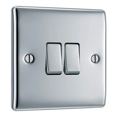 Image of BG Electrical Double Wall Light Switch, 2 Way, Raised and Slim Profile, Round Edges, Nexus Metal, Polished Chrome, 20A, 16AX, NPC42