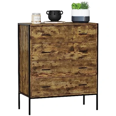 Image of Vida Designs Brooklyn Industrial Chest of Drawer Rustic Bedroom Storage Unit, Cabinet Dresser with Metal Frame (Dark Wood, 4 Drawer)