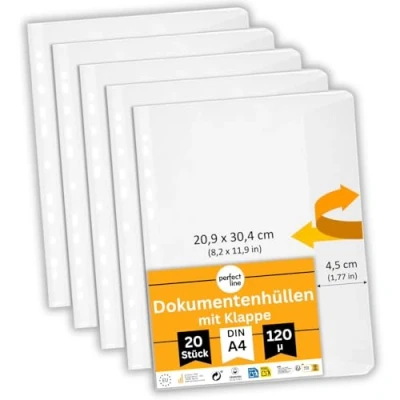 Image of perfect line 20 Document envelopes with Cover Flap A4 Punched Pockets Plastic Sleeves for Paper polypockets Clear DIN A4, Transparent, matt, Proof, Acid Free Made in EU