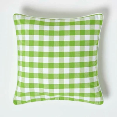 Image of HOMESCAPES Green and White Gingham Cushion Cover 45 x cm (18 18) Block Check Pattern 100% Cotton Decorative Square