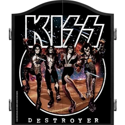Image of KISS Officially Licensed Dart Board Cabinet Heavy Duty Dartboard Storage with Score Boards (Destroyer Circle)