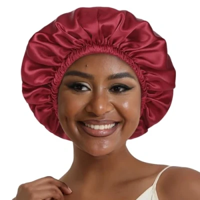 Image of Hat Hut Satin Bonnet Silk for Sleeping Hair Cap Curly Wrap Reversible (Burgundy/Black)