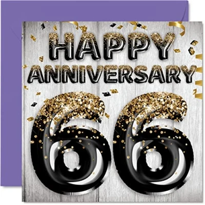 Image of Awesome 66th Anniversary Card for Husband Boyfriend Wife Girlfriend Black Gold Glitter Balloons Happy 66 Cards from Family, 145mm x Greeting Sixty Sixth Anniversaries