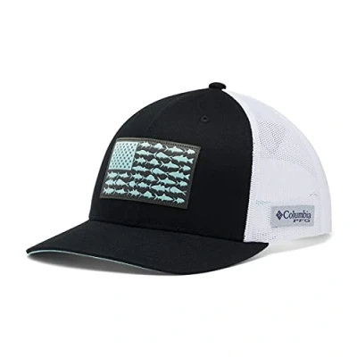 Image of Columbia Unisex PFG Mesh Snap Back Fish Flag Ball Cap, Black, White, One Size
