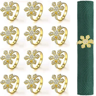 Image of KAHEIGN 12Pcs Christmas Napkin Rings, Gold Snowflake Holders Xmas Buckle with Rhinestone for Lunch Thanksgiving Party Holiday Wedding Table Decoration (4.5cm x 4.5cm)