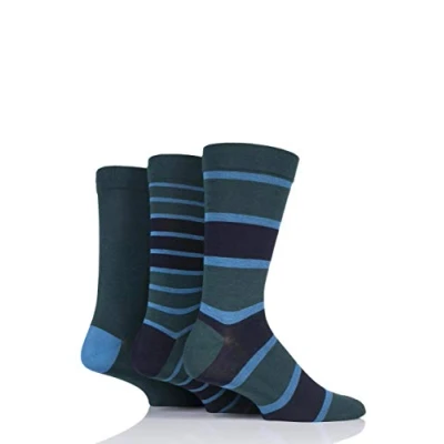 Image of 3 Pair Navy / Green Comfort Cuff Gentle Bamboo Striped and Plain Socks with Smooth Toe Seams Men&#039;s 12 14 Mens SOCKSHOP