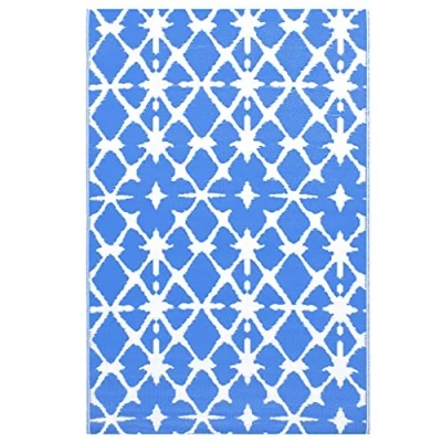 Image of vidaXL Outdoor Carpet Blue/White Jacquard Terrace Rug, Polypropylene Balcony Blanket, 80x150 cm Stylish Patio/Deck Décor
