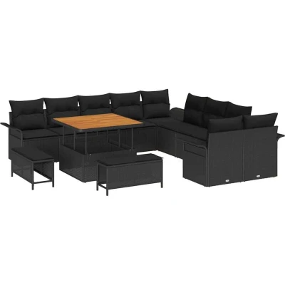 Image of vidaXL 13 Piece Garden Sofa Set with Cushions Black Poly Rattan Acacia