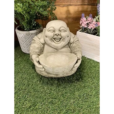 Image of STONE GARDEN ZEN BABY MONK BUDDHA ORNAMENT STATUE HOLDING A MONEY INGOT