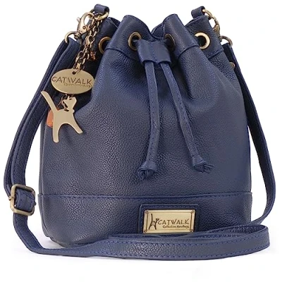 Image of Catwalk Collection Handbags Women&#039;s Leather Crossbody Bag Drawstring Bucket Small/Medium Adjustable Shoulder Strap ROCHELLE Blue