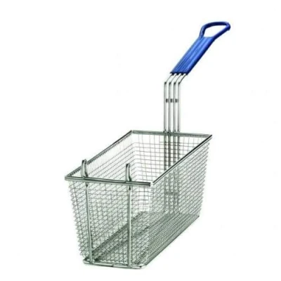 Image of Heavy Duty Rectangular Professional Mesh Fry Basket, with Hook, Blue Handle Deep