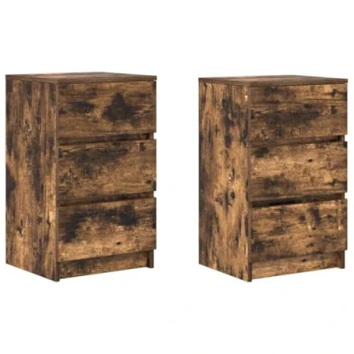 Image of vidaXL bedside cabinets 2 pcs smoked oak, 3 drawers, engineered wood 39x35x65 cm modern rectangular freestanding nightstands for bedroom