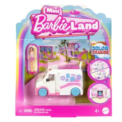 Image of Barbie Mini BarbieLand Doll &amp; Toy Vehicle Set with 1.5 inch Doll, Color Change Care Clinic Medical Office, JCR34