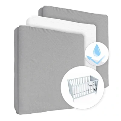 Image of 2 Jersey Fitted Sheets with 1 Waterproof Mattress Protector for 140x70 cm Cot Bed (Grey)
