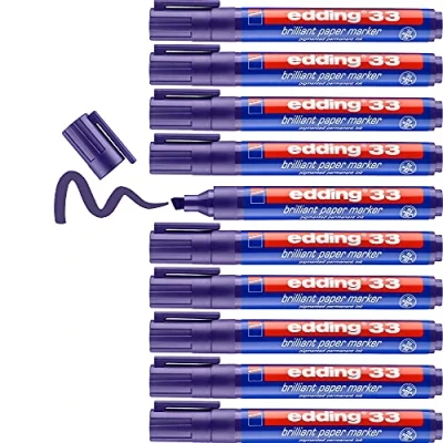 Image of edding 33 brilliant paper marker violet 10 waterproof permanent markers chisel nib 1 5 mm vibrant colours lightfast marking on paper, card, cardboard, plastic, metal and glass