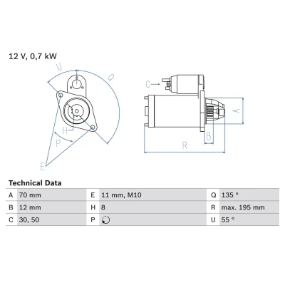 Image of 233009F600, 233009F660, 233009F661, 233009F662, 233009F66A Starter motor BOSCH 0 986 018 630 12V 0,7kW 8 30,50 links 70mm NISSAN: Primera Hatchback