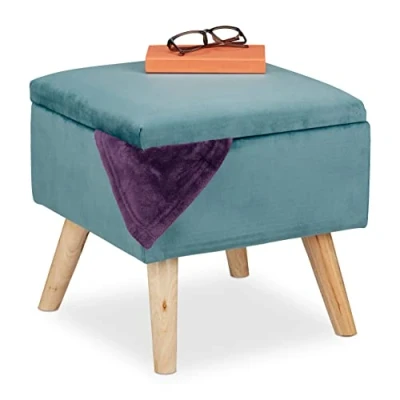 Image of Relaxdays Velvet Stool with Storage Space, Upholstered, Angular, Wooden Legs, Living Room, HWD: 40x40x40 cm, Turquoise