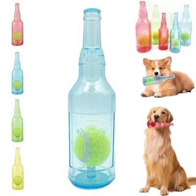 Image of LLELEMAMO Crunch Play bottle toy, Crunchnplay Toy for Dogs, 9.7&quot;/7.7&quot; Rubber water Dog Interesting Squeaky Toys, Outdoor Interactive Chew with Tennis Ball (Blue,Small)