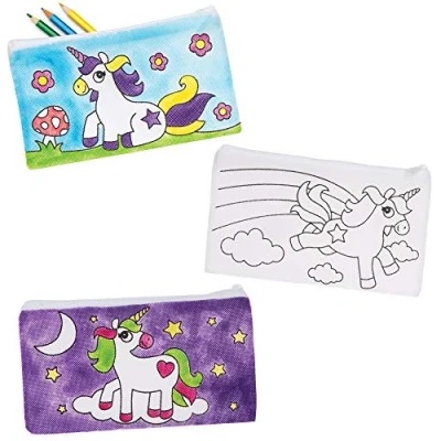 Image of Baker Ross AT722 Unicorn Colour in Fabric Pencil Cases Pack of 4, for Kids to Paint, Personalize and Use Children&#039;s Arts Crafts Projects