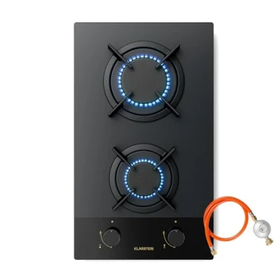Image of Klarstein Goldflame Nano Gas Hob, 2 Burner Brass &amp; Tempered Glass, 4200W, 30cm, Coating, Flame Protection, Auto Ignition, LPG/NG Convertible, Cast Iron Supports, Black Metal Knobs