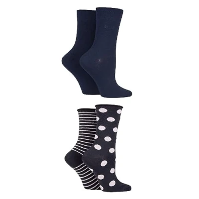 Image of Elle Ladies Patterned and Plain Assorted Sock Styles including Anklets, No Show, Trainer Regular Bamboo Socks in a Multipack of 4 Navy/Dusky Feather 8