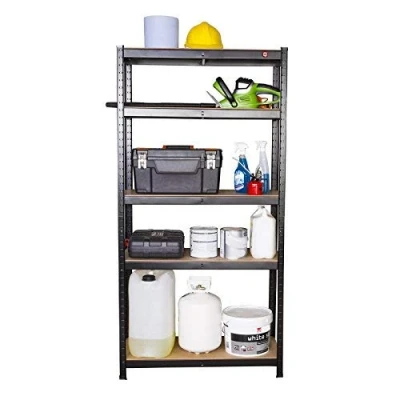 Image of Qualtex Strong Industrial Steel &amp; MDF 5 Tier Black Boltless Heavy Duty Garage Racking Shelving Unit/Racking 90cm x 40cm 180cm 875kg Capacity 175kg Per Shelf
