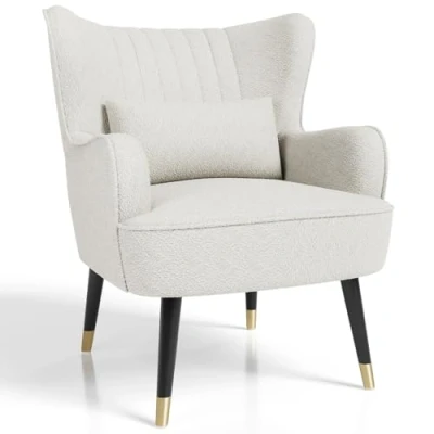 Image of Vesgantti Teddy Fleece Accent Chair with Lumbar Pillow, Modern Wing Back Armchair Lounge Chair, Large Occasional for Living Room Bedroom Study Office(White)