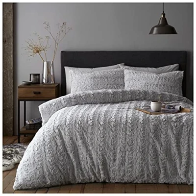 Image of Teddy Fleece Duvet Covers Double, Cosy Warm Faux Fur Bedding, Snuggly Fluffy Grey Quilt Cover