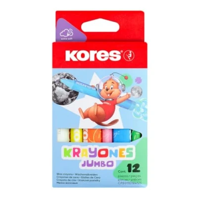 Image of Kores Wax Crayons Krayones, Jumbo Size, Triangular for Kids, Toddler Crayons, Mess Free Colouring, Box of 12 Assorted Colours