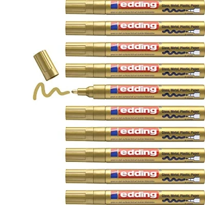 Image of edding 750 gloss paint marker gold 10 markers round tip 2 4 mm pen for glass, pebbles, wood, plastic, paper waterproof, high coverage