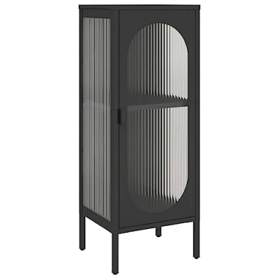 Image of vidaXL Sideboard Black Glass and Steel Combination Fluted Pattern Versatile Storage with Adjustable Shelf Stable Levellers Ideal for Living Room, Bedroom or Office