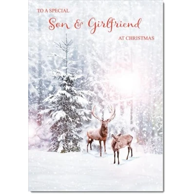 Image of doodlecards Son and Girlfriend Christmas Card Deers in Forest Medium Size for &amp; with Plain Envelope