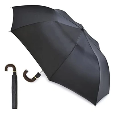Image of KAV Men&#039;s Auto Folding Umbrella With Wood Effect Handle Compact, Stylish, Automatic For Rain And Sun Protection (Black), 88cm Diameter