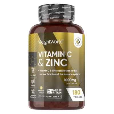 Image of Vitamin C and Zinc Tablets 6 Months Supply 1000mg L ascorbic Acid with 10mg Natural Immunity Supplement (180 Vegan Tablets) High Strength &amp; for Adults