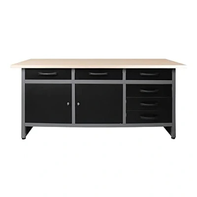 Image of Stalwart DA TC008 Professional Grey Black Workshop Workbench with 30mm Wooden Desktop 6 Drawers 2 Lockable Doors 1600x600x850mm
