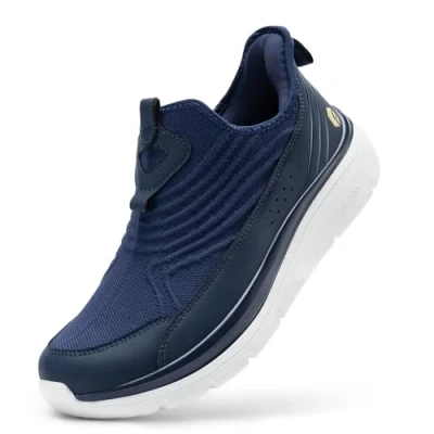 Image of FitVille Mens Extra Wide Slip On Trainers Comfortable Casual Loafers Breathable Walking Shoes for Plantar Fasciitis, Navy Blue, 11.5, X