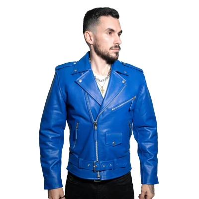 Image of Men&#039;s Leather Blue Brando Biker Jacket Rock Motorcycle Retro Hide S