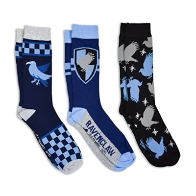 Image of Harry Potter Gryffindor Ravenclaw Slytherin Hufflepuff House Men&#039;s Crew Socks 3 Pair Pack, Blue, Large (HPMSC2PK)