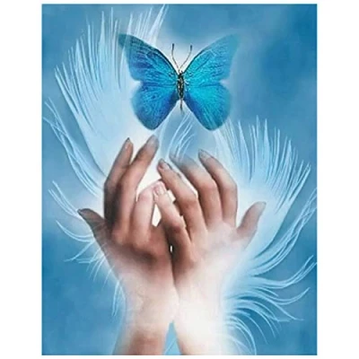 Image of DIY 5D Diamond Painting Kit Full Drill Blue Hands Butterfly by Number Kits for Adults,Crystal Rhinestone Embroidery Cross Stitch Picture Arts Craft Home Wall Decor 30x40cm/12x16in