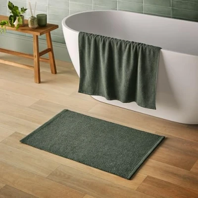 Image of Silentnight Textured Knot Bathmat Green Super Soft &amp; Quick Drying 100% Cotton BCI Handcrafted Fully Knotted Loop 80 x 50cm Machine Washable,
