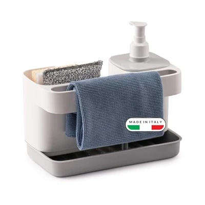 Image of Snips Riordinello, Kitchen Sink Soap Holder , 21x12x18 cm, Sponge &amp; Dispenser, Made in Italy, White Grey, 0,4 LT