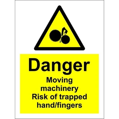 Image of Warning Danger moving machinery risk of trapped hand fingers safety sign 1.2mm Rigid plastic 150mm x 100mm