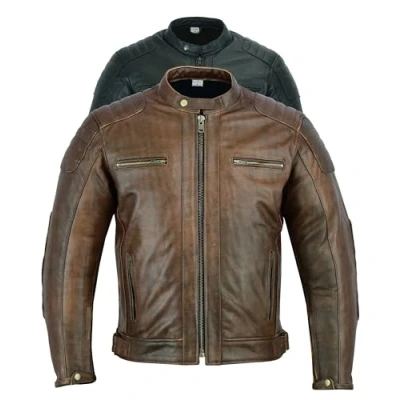 Image of Texpeed Mens Leather Motorcycle Jacket Touring Motorbike With Genuine Biker CE Armour (EN 1621 1) Protection Quilted Stitched Design Distressed Brown 2XL