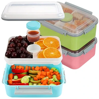 Image of FRESHLY CONTAINED 3 Pack of Plastic Food Containers with Removable Tray &amp; Dressing Pot 1070ml/38oz BPA Free Reusable Bento Lunch Boxes Lids Microwave/Freezer/Dishwasher Safe Prep Storage