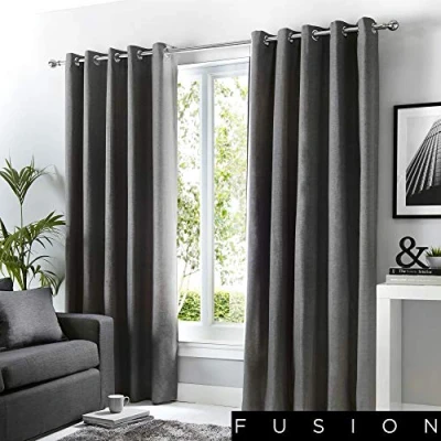 Image of Fusion W46 x L72 Eyelet Curtains 100% Cotton Bedroom/Living Room Door Curtain Thermal Drapes/Window Treatment Sorbonne Collection, Fabric, Dark Grey/Charcoal, 46&quot; Width 72&quot; Drop (117 183cm)