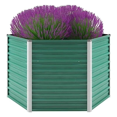 Image of vidaXL Green Raised Garden Bed Galvanised Steel Hexagonal Outdoor Planter for Plants, Vegetables, Herbs and Flowers 129x129x77cm